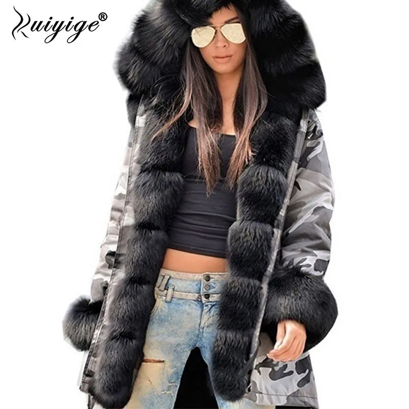

Ruiyige 2018 Winter Coat Women Fur Collar Warm Woman Camouflage Parka Outerwear Thick Winter Jacket Female Casacos De Inverno