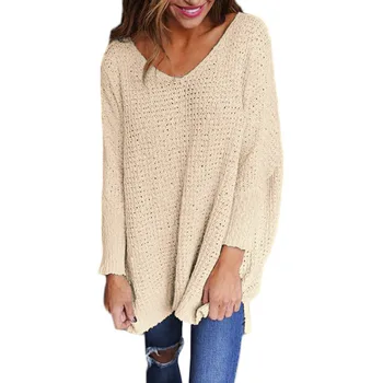 

Womens Plus Size Long Sleeve Sexy Deep V Neck Loose Solid Color Knitted Sweater Autumn Winter Warm Pullover Tops 8 Colors