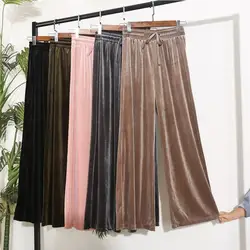 2018 зима-осень бархат Широкие штаны для Для женщин досуг Chic Pleuche длинные брюки Твердые упругие свободные женские брюки