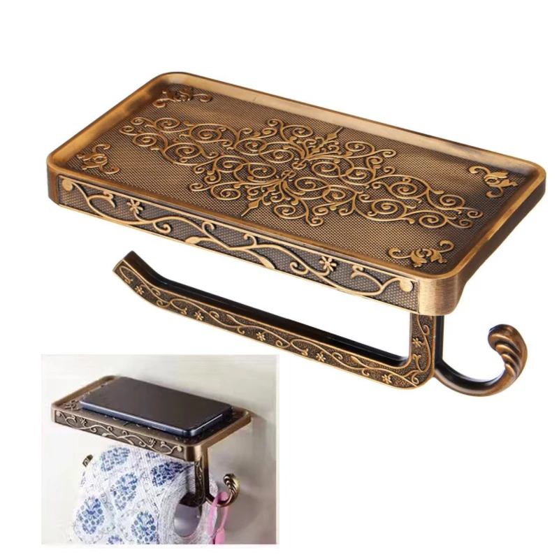 Bathroom Towel Rack Toilet Paper Holder Antique Carved Zinc Alloy Bathroom Paper Mobile Phone Holder With Shelf Tissue Boxes