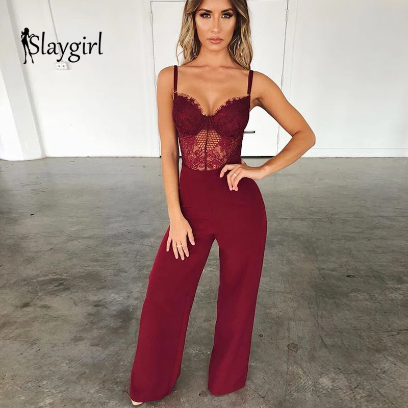 

Slaygirl Long Lace Sexy Jumpsuits For Women Solid Strapless Summer Rompers Womens Jumpsuit Elegant Hollow Out Overalls 2019