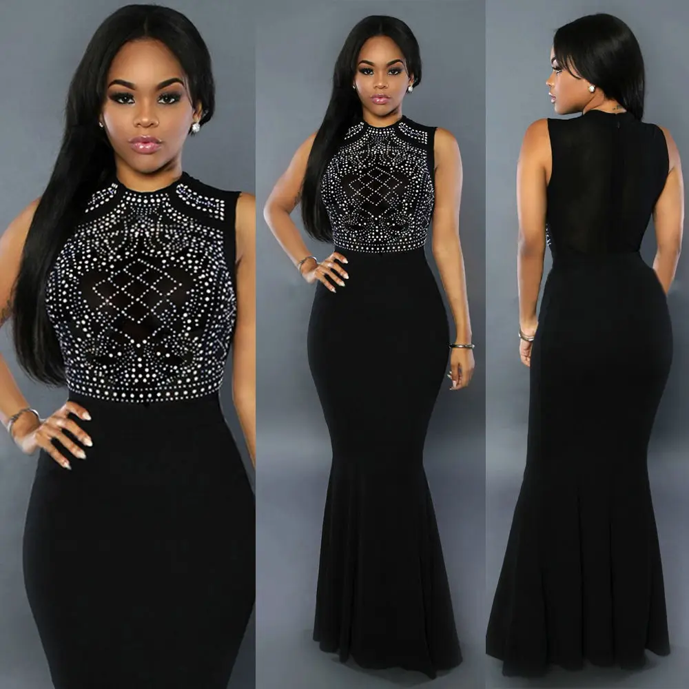 

Sexy Women's Long Fitted Beading Sleeveless Summer Mermaid Evening Gown Fishtail Dress Black Blue Wine Red