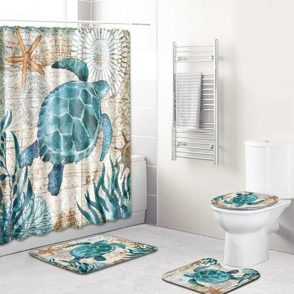 

LanLan 4Pcs/Set Chelonian Pattern Nonslip Toilet Pad Cover Bath Mat Shower Curtain Set