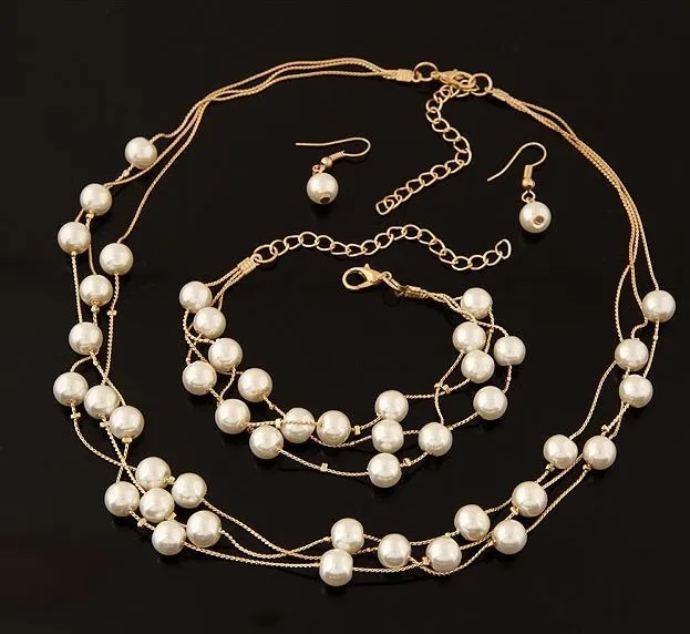 Комплект украшений из искусственного жемчуга для женщин, модные бусы, ожерелье, серьги и браслет, вечерние ювелирные изделия для свадьбы