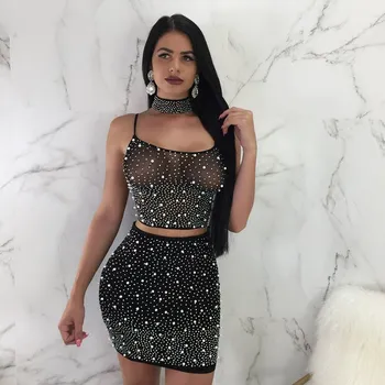 

2019 Sexy Women Bodycon Three Piece Skirt Set Choker Neck Spaghetti Beaded Bandage Crop Tops And Mini Skirt Suits