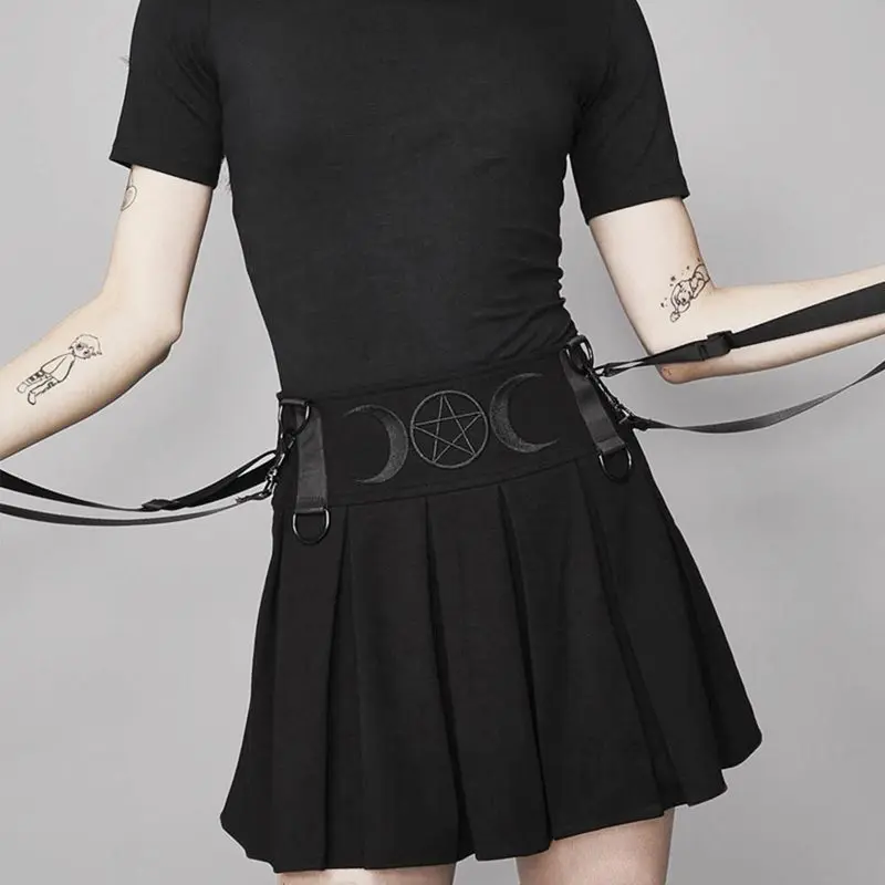 De Cintura Goth Faldas Pentagrama Suspender Streetwear Moda Mujeres La Luna Chica Bordados Negro Falda Las Verano Alta Mini Escuela BxxvUwR7qE
