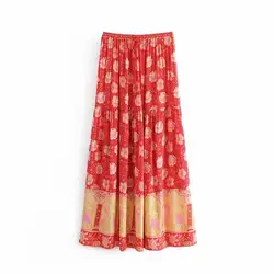 Красный сиреневый юбка с цветочным принтом для женщин длинные хлопок эластичный пояс большой подол 2019 новое поступление