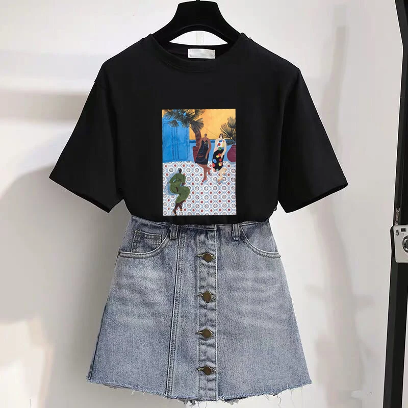 

Ins retro nostalgia abstract paintings of printing han edition round collar short sleeve T-shirt students to find and search tit