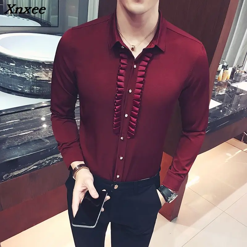 Men shirt fashion slim solid color long-sleeved shirt nightclub bar barber High-end business casual evening dress