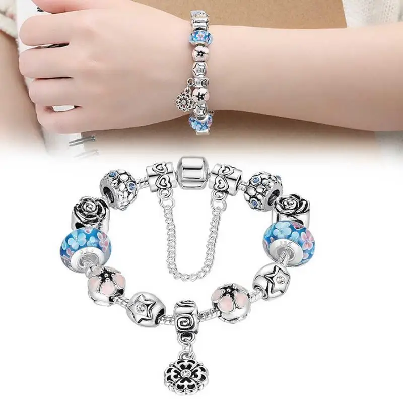 

Silver Charm Beaded Bracelet DIY Large Hole Glass Beads Bracelet For Women