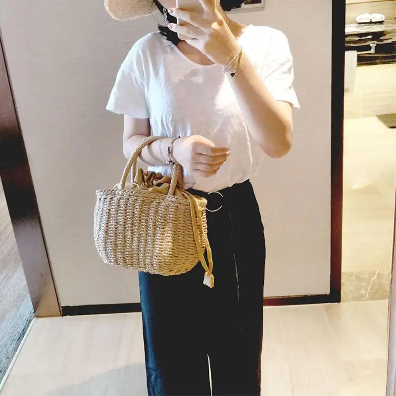 

Vintage Summer Women Straw Small Drawstring Shopping Tote Girls Beach Handy Convenient Shoulder Zipper Basket Handbags