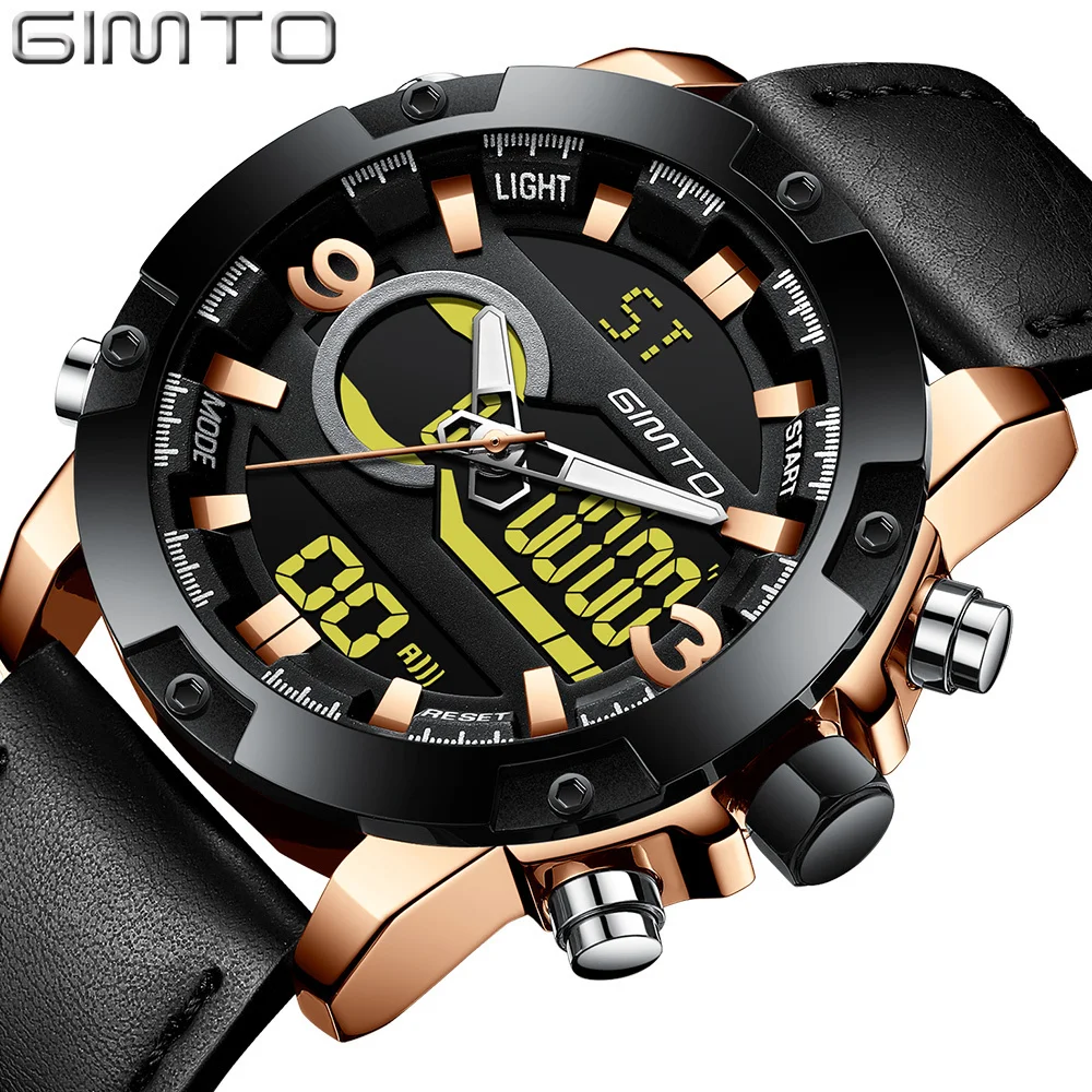 

GIMTO Black Gold Watch Men Sport Clock Analog Digital Man Watch 2018 Luxury Watches Top Brand Mens Leather Military Casual Male