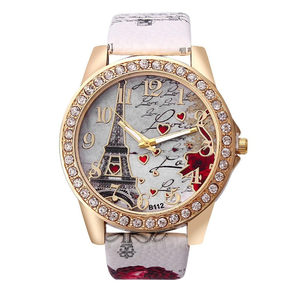 Для женщин Классическая Блестящий Эйфелева наручные часы c изображением башни Изысканная мода кожаный ремешок кварцевые часы