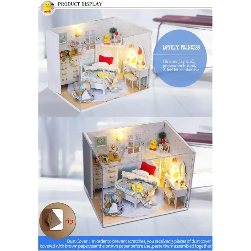 DIY Assemble Wooden Dollhouse Kit Toys Dollhouse Furniture Miniature Doll House with Dust Cover Handicraft for Chrismas Gift