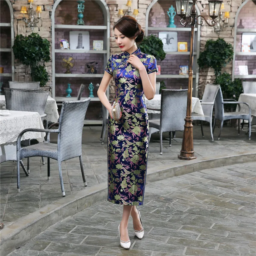 Женское длинное платье Qipao Qi Pao с золотыми нитями и вышивкой вечернее на платформе