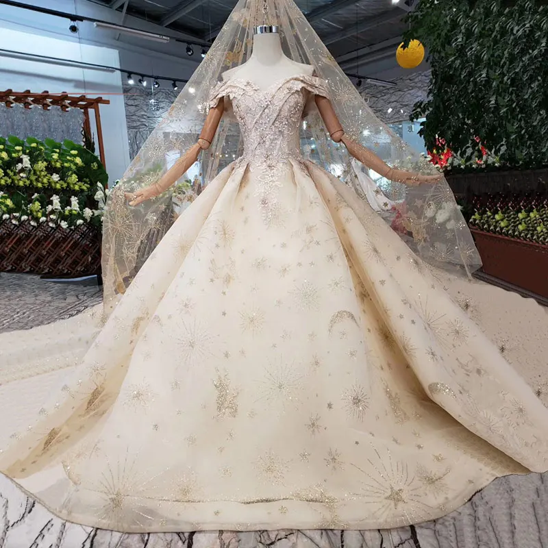 

champagne Dew shoulder Glitter Fabric Lace Gowns Wedding Dresses three-dimensional Flowers Pearls Women Bridal Gowns