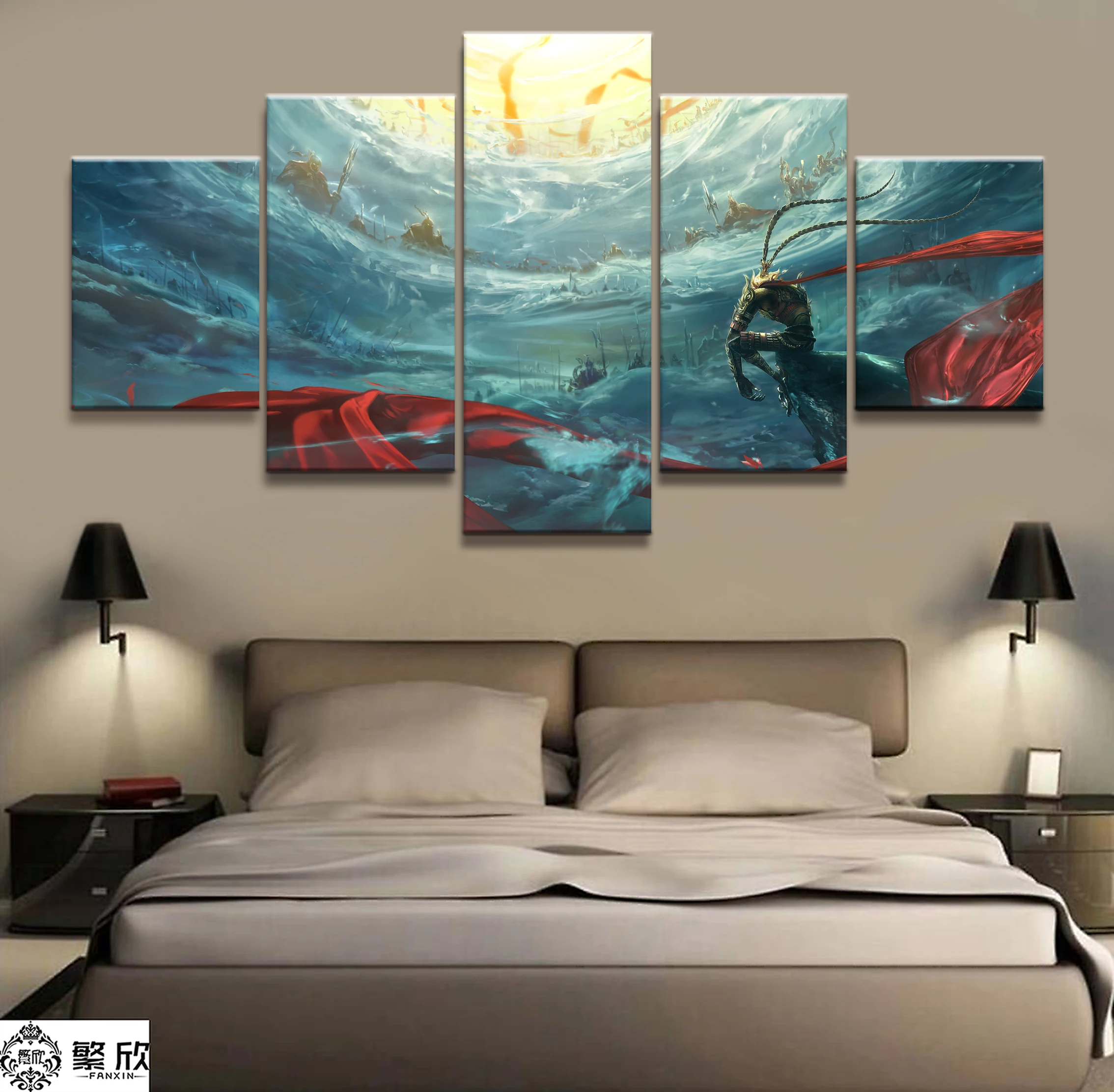 

5 Piece Animation Movie Havoc in Heaven Sun WuKong Poster Paintings on Canvas Fort Cartoon Pictures Decor Canvas Wholesale