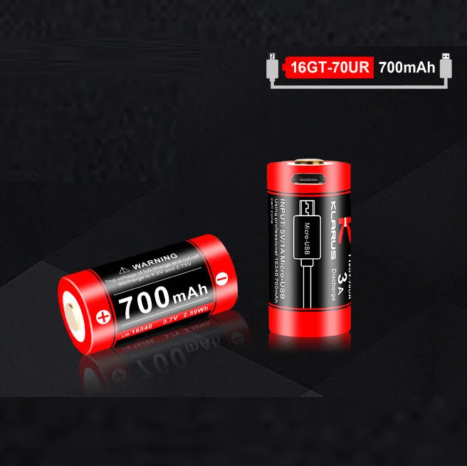 Klarus 16GT 70UR 700 mAh Micro usb Зарядка Высокая разрядка 16340 литий ионная батарея|Портативные
