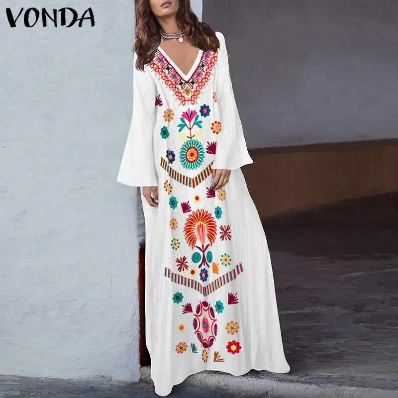 

VONDA Bohemian Dress 2019 Women Retro Floral Print Maxi Long Dress Sexy V Neck Long Flare Sleeve Casual Loose Plus Size Vestidos