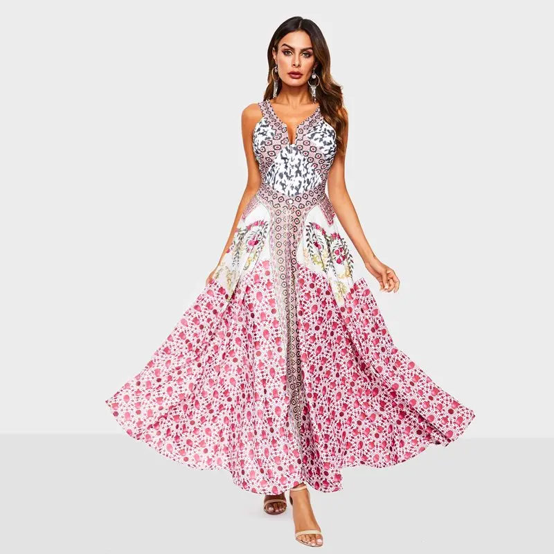 

Women Maxi Dresses Casual Sexy Boho Sweet Pink Travel Beach Backless Print Floral Elegant Party Female Fashion Long Dress