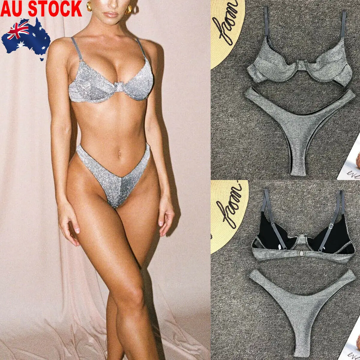

Women Sexy Shining Silver Push-up Bra Bikini Briefs Beachwear Triangle Swimwear