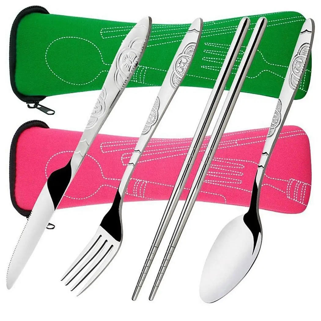 

4 Pcs/Set Stainless Steel Fork Spoon Chopsticks Travel Outdoor Camping Cutlery Tools portable Stainless Steel Tableware 9 Colors