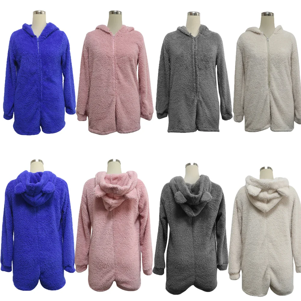 

Womens Winter Warm Soft Fluffy Fleece Hooded Romper Long Sleeve Jumpsuit Clothes