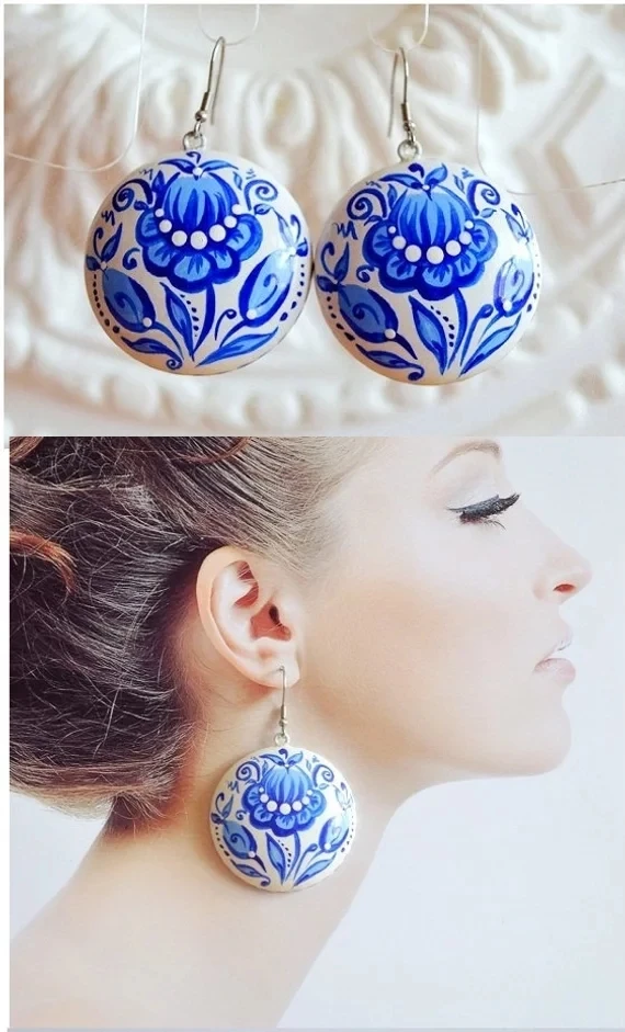 

Large Silver Blue and White Earrings for Women Hook Dangle Flower Earring Gift Idea for Her Boho Blue White Wedding Jewelry