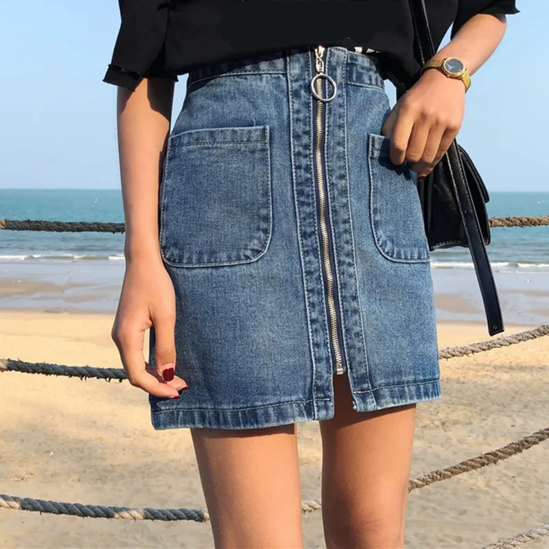 

2019 Fashion Women High Waist Mini Skirts Female A Line Solid Denim Skirts Summer Zipper Casual Skirts