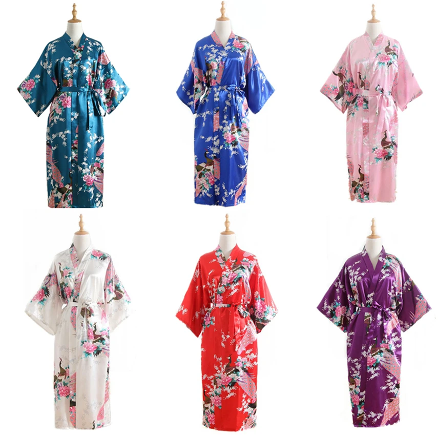 

15Color Women Japanese Style Kimono Yukata Sleep Wear Peacock Satin Thin Long Nightgown Robes Traditional Adult Loose Clothing
