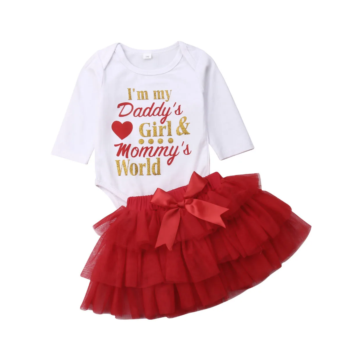 Комплект с юбкой на День святого Валентина для новорожденных девочек; комбинезон с буквенным принтом+ юбка-пачка; комплект одежды из тюля