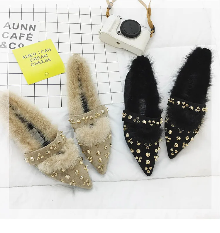 

Pointed Toe Fashion Winter Women Fur Loafers Plush Slip on Flock Shallow Crystal Warm Flats Shoes Solid Casual Women Shoes