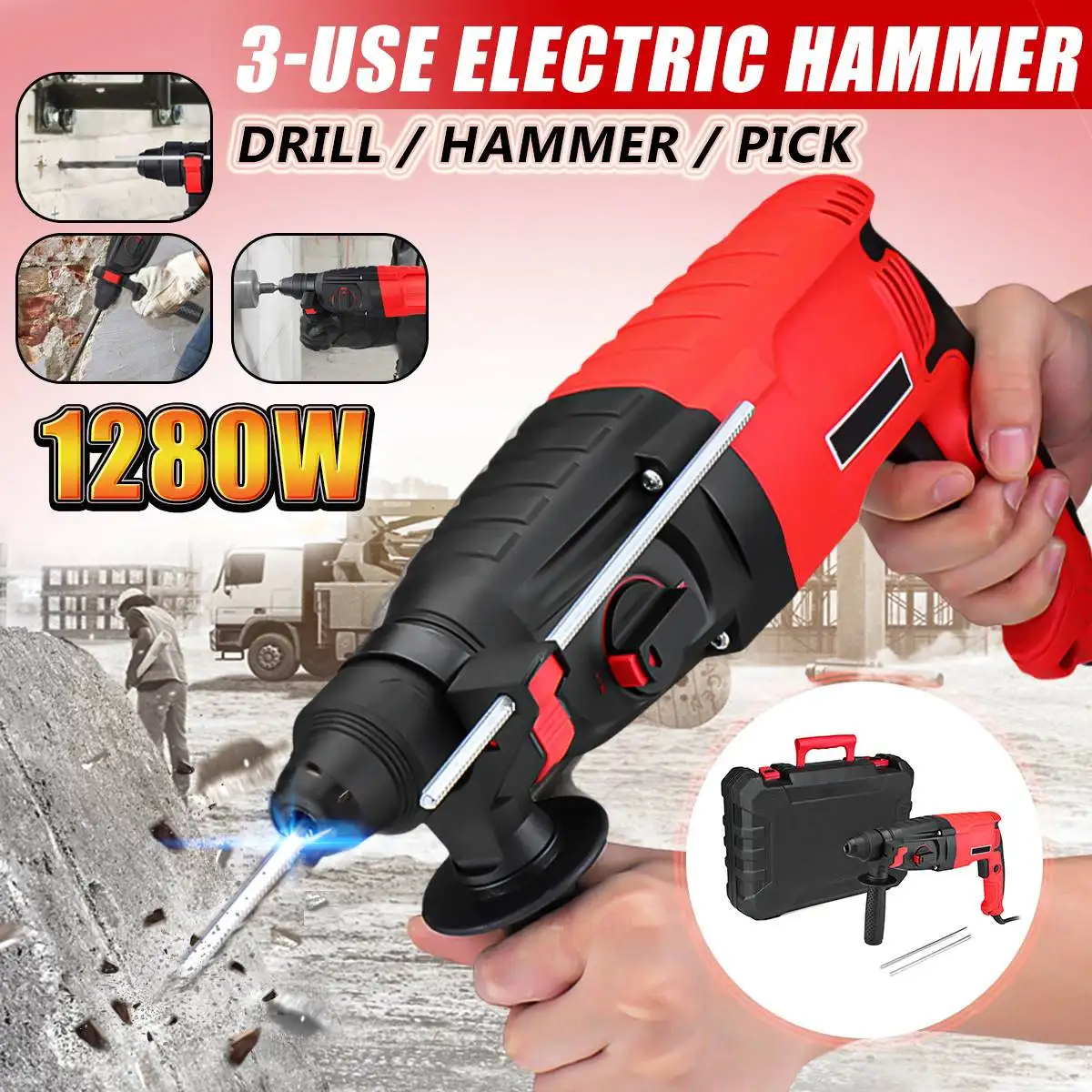

220V 1280W 26mm 3 Function Electric Hammer Power Impact Drill Rotary Hammer Brushless Cordless Electric Pick Home Woodworking
