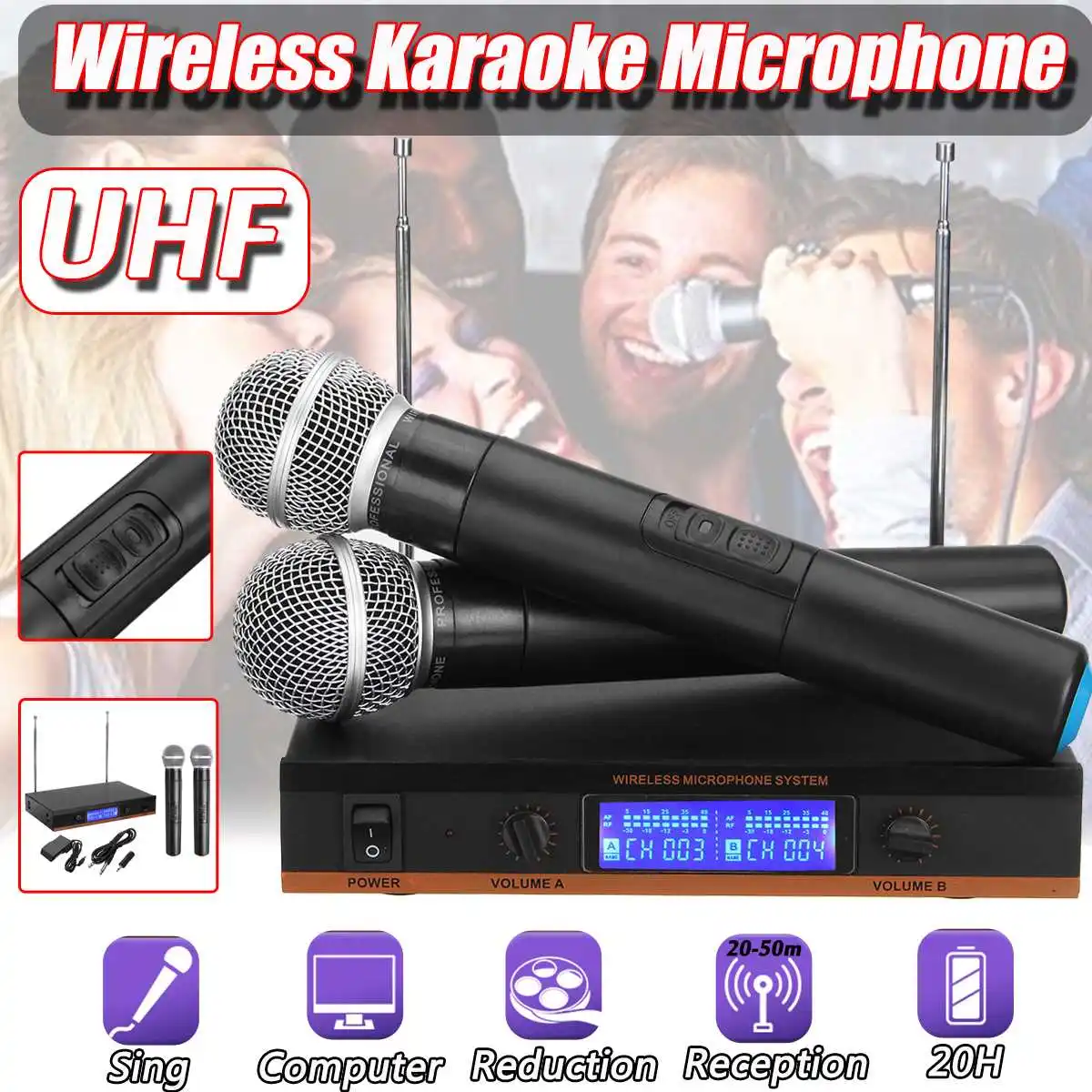 

2 Handheld UHF Multi Wireless Microphone Dynamic+LCD Receiver System Portable Mic for Stage KTV Conference Presentation Speech