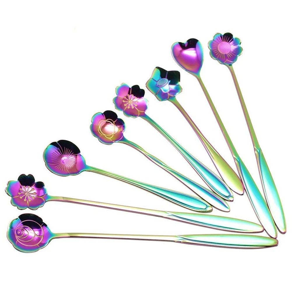 

8Pcs Flower Spoon Set, 2 Different Size Colorful Stainless Steel Teaspoons Rainbow Coffee Stirring Spoon