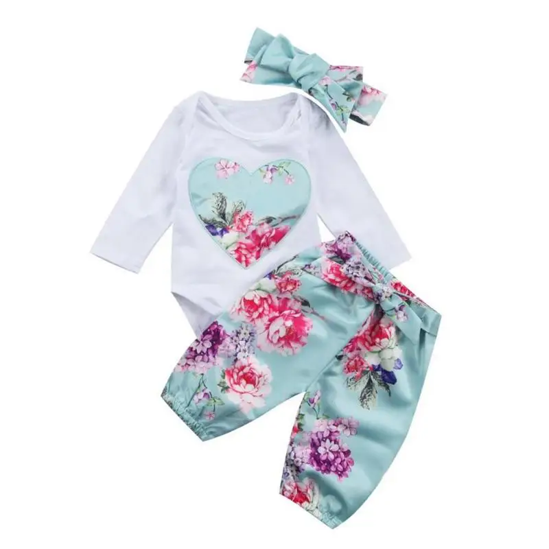 3pcs Baby Girls Clothes Set Baby Rompers Infant Girls Floral Long Sleeve Cotton Clothing Baby Pants Headband Cute Outfits
