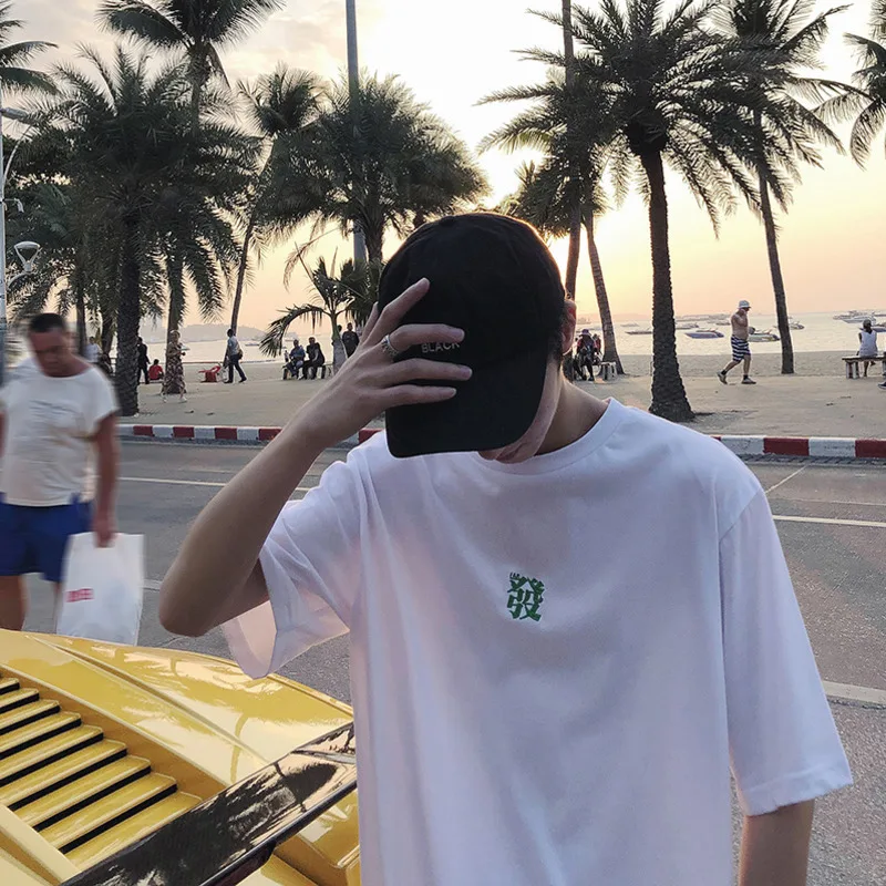 

Men's T-shirt 2019 summer port wind Chinese elements solid color tide embroidered word round neck short-sleeved T-shirt