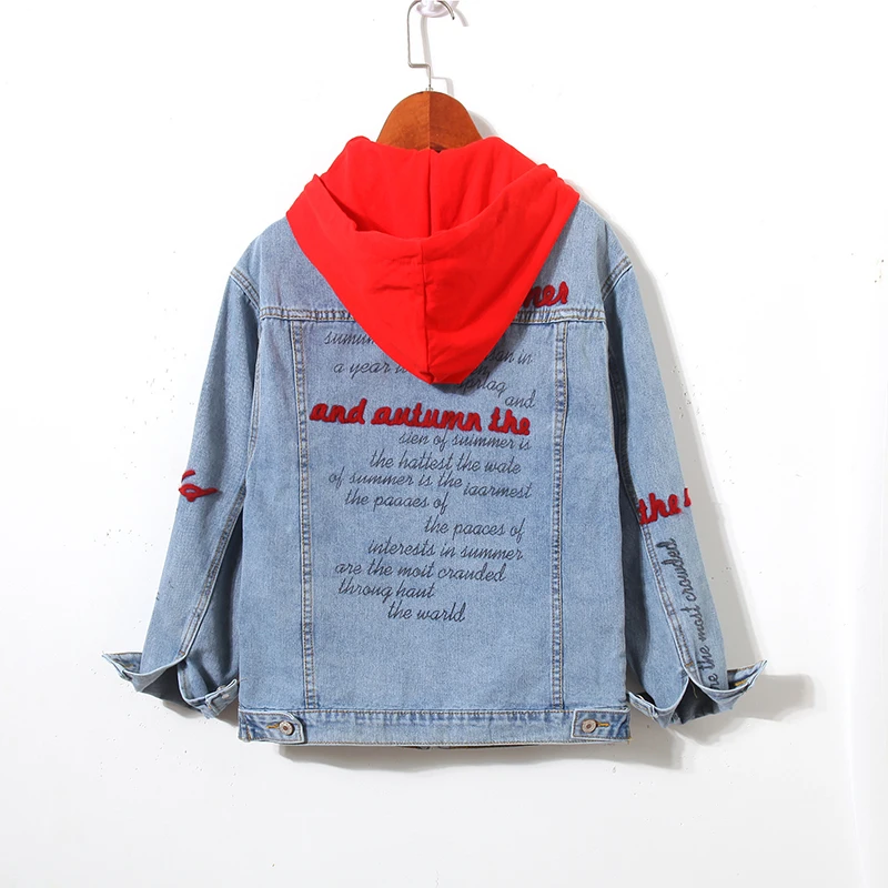 Ideal  #3132 Jeans Jacket Women Hooded Casual Jaqueta Bomber Denim Jacket Embroidery Letters Streetwear Ha