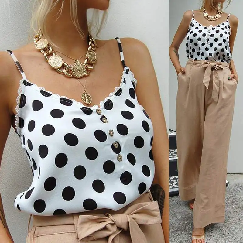 

Plus Size Celmia Dot Print Camis Women Sexy Strap Sleeveless V Neck Tank Top Button Lace Casual Shirts Ladies Party Blusas Mujer
