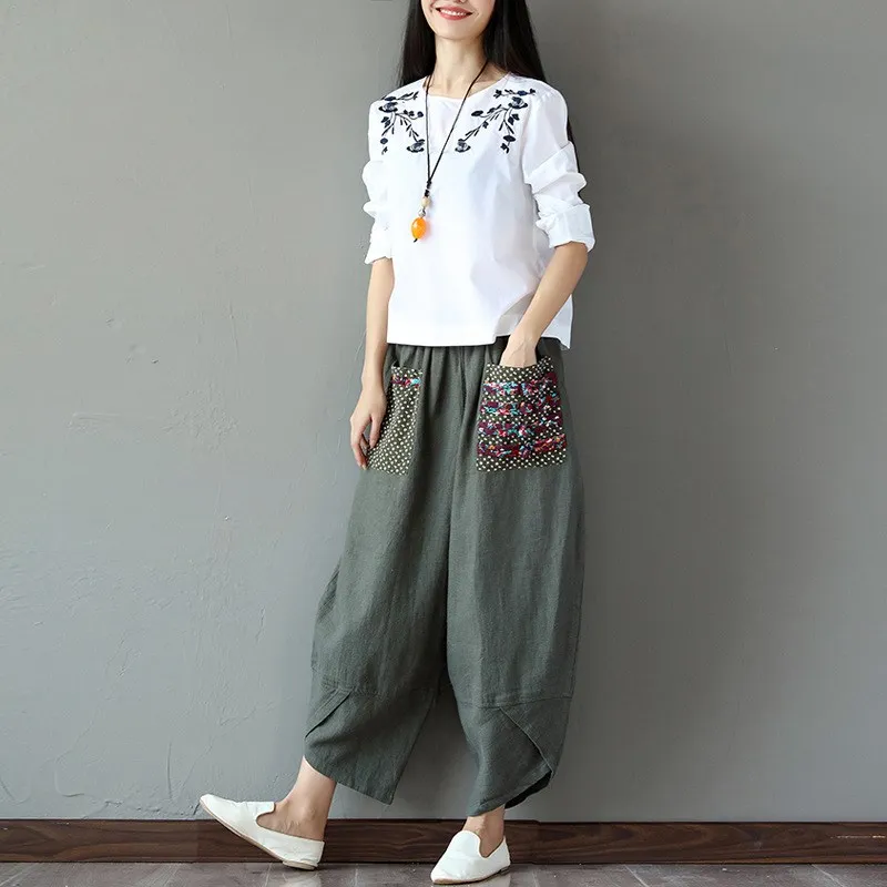 2019 Women Summer Casual Long Trousers Loose Baggy Pantalon Elastic Waist Retro Print Pants Linen Cotton Harem Pants 2019 Women Summer Casual Long Trousers Loose Baggy Pantalon Elastic Waist Retro Print Pants Linen Cotton Harem Pants