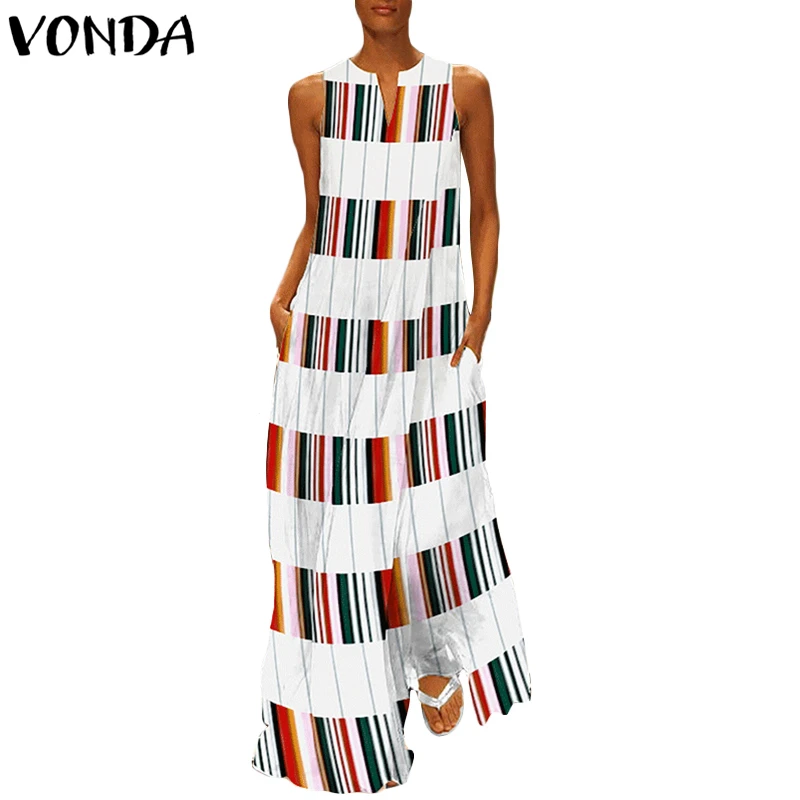 

VONDA Women Stripe Plaid Maxi Long Dress 2019 Summer Sexy V Neck Sleeveless Casual Floor-length Patchwork Vestidos Plus Size 5XL