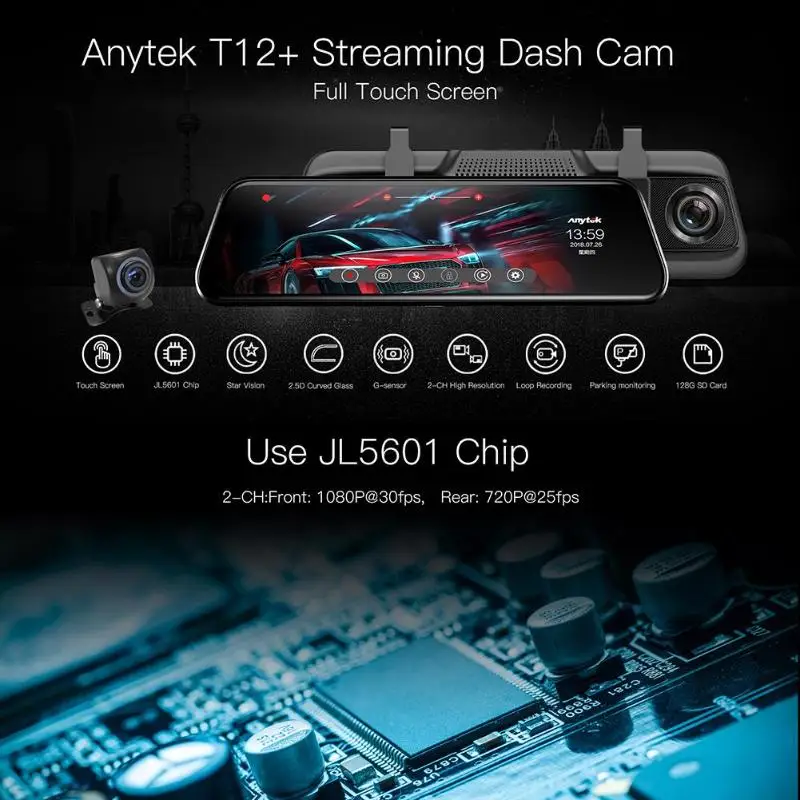 Anytek T12+ 9,6" сенсорный экран автомобиля зеркало заднего вида DVR камера 1080P Full HD двойной объектив Dash Cam g-сенсор WDR видеорегистратор ночного видения