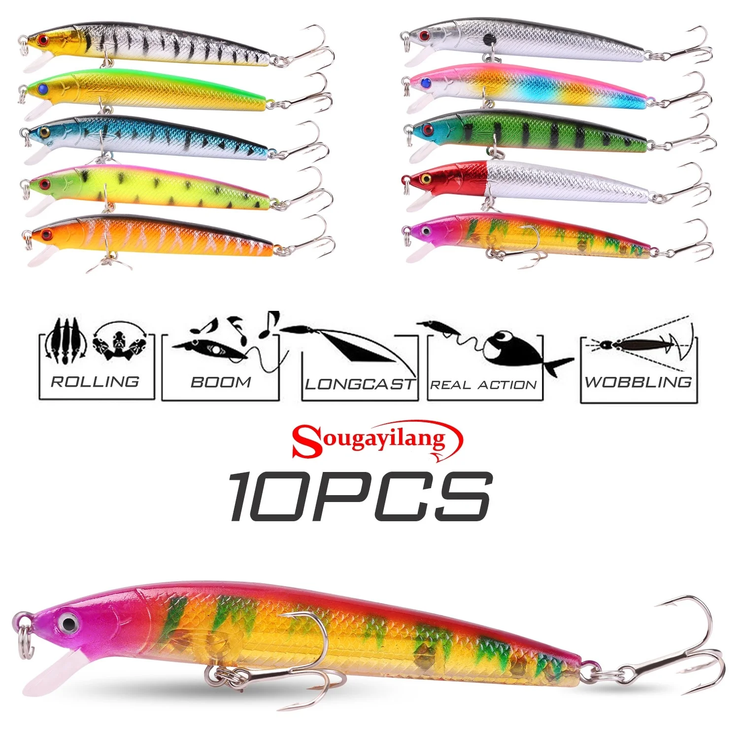  Sougayilang 10Pcs Minow Fishing Lures ABS Sinking Diving Swim Crankbait Bait Hard 3D Eye Fish Lure 