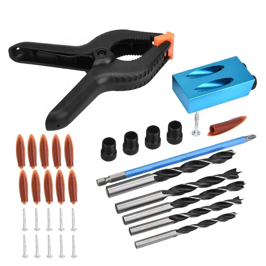 

34 pcs/set 15 degree Pocket Hole Drilling Kit Woodworking Oblique Drill Guide Set Positioner Locator Tool Screw Extractor