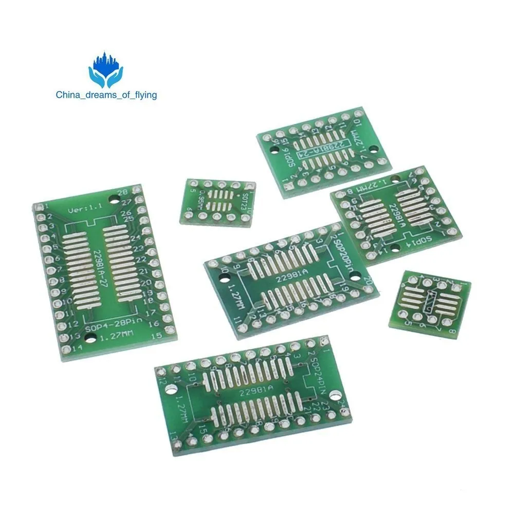 

TZT 7pcs=7value*1pcs PCB Board Kit SMD Turn To DIP SOP MSOP SSOP TSSOP SOT23 8 10 14 16 20 24 28 SMT To DIP