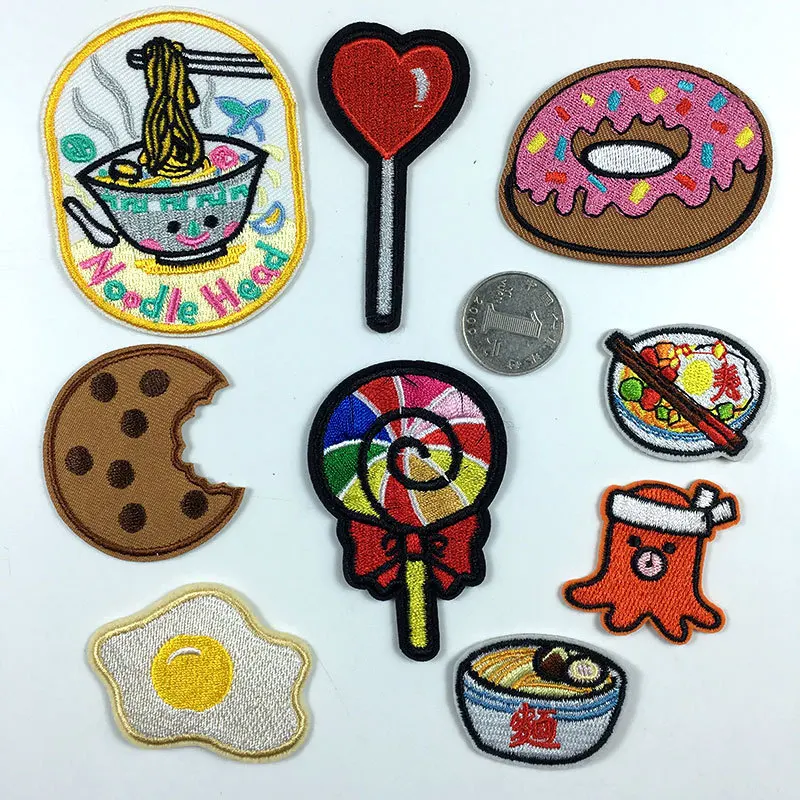 

Cute Japanese Noodle Egg Embroidery Patches Sweet Doughnut Circle Lollipop Biscuits Octopus Appliques Diy Clothing Patch Badges