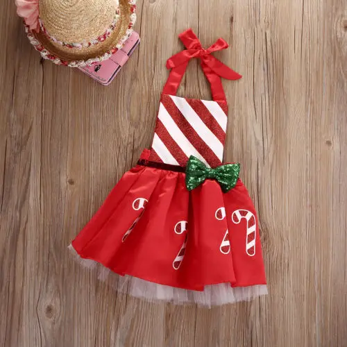 

Fashion Cute Toddler Newborn Baby Girl Kid Candy Cane Dress Romper Christmas Clothes Striped bowknot Outfits 0-18M