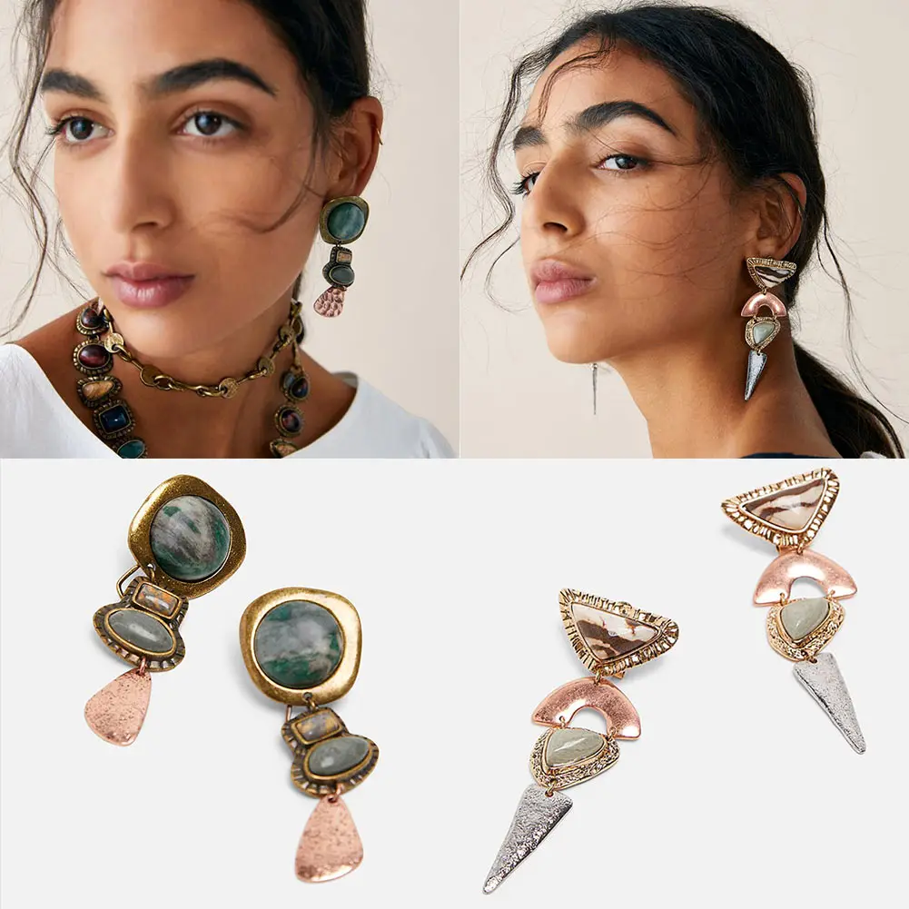

Flatfoosie Bohemian Natural Stone ZA Earrings for Women Colorful Ethnic Hanging Statement Drop Earring Party Wholesale Wedding