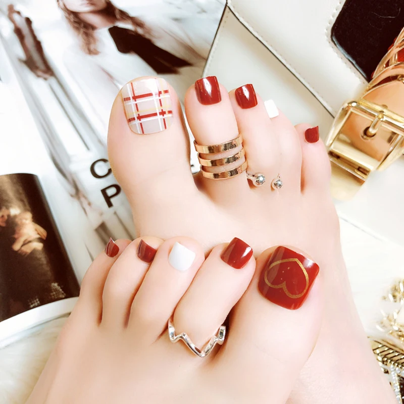 

2019 New Love Stripe Print Foot Fake Nails 24Pcs/Set Waterproof False Nails Art Tips Fashion Popular Fake Press On Nails#