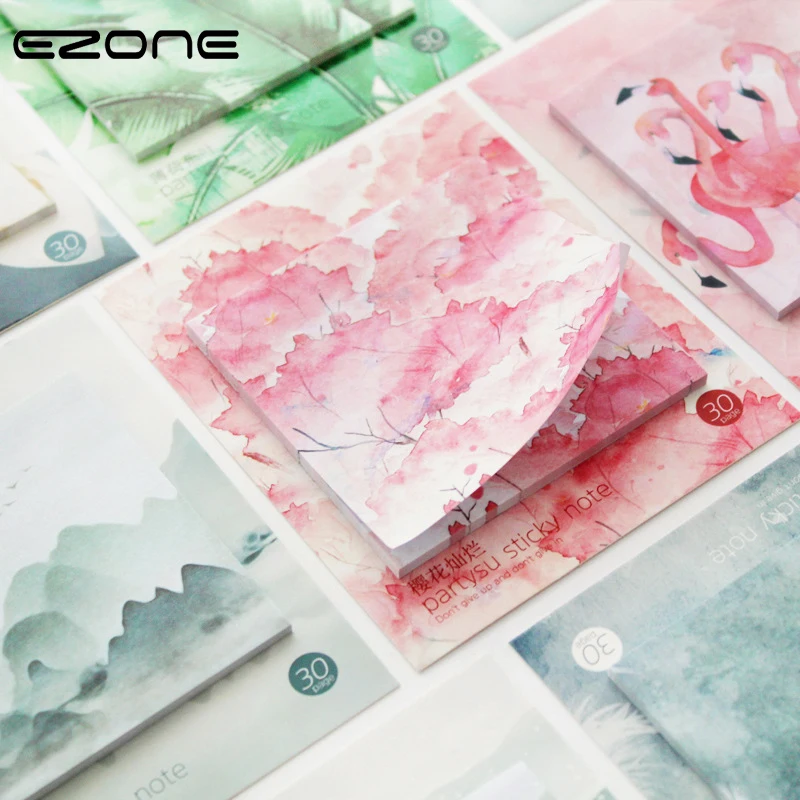 

EZONE 1PC Sticky Note Pink Sakura/Green Leaves/Flamingo/Flower Pattern Sticker Note Memo Pad Bookmark Memo Students Stationery